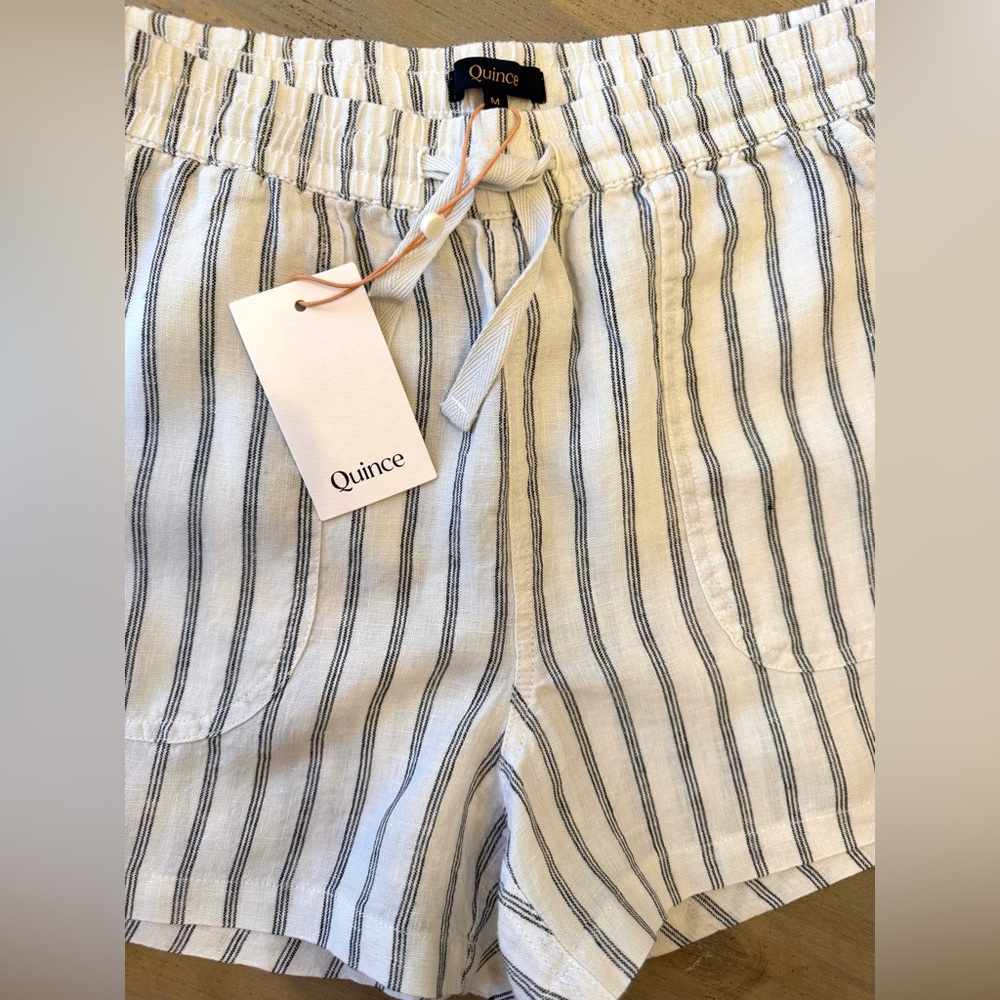 Quince Women's Ivory and Black Drawstring 100% Linen Shorts Medium NWT - Picture 4 of 9